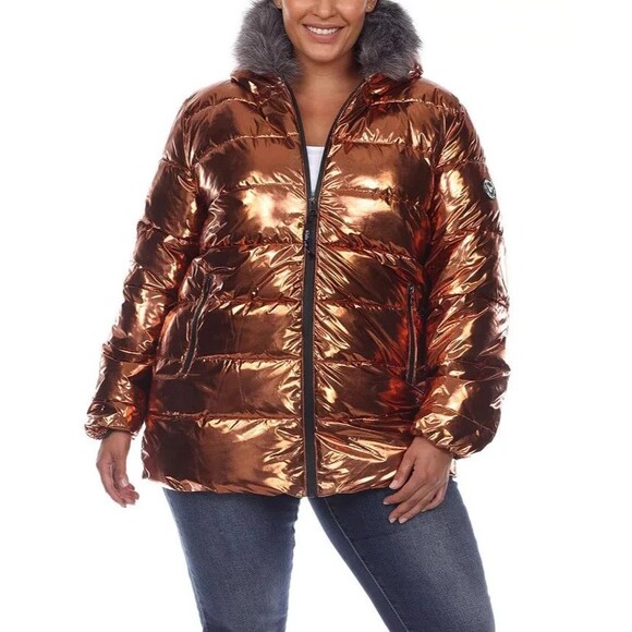 White Mark Women's Plus Size Metallic Puffer Coat Jacket with Hoodie Bronze 1XL - Picture 1 of 11